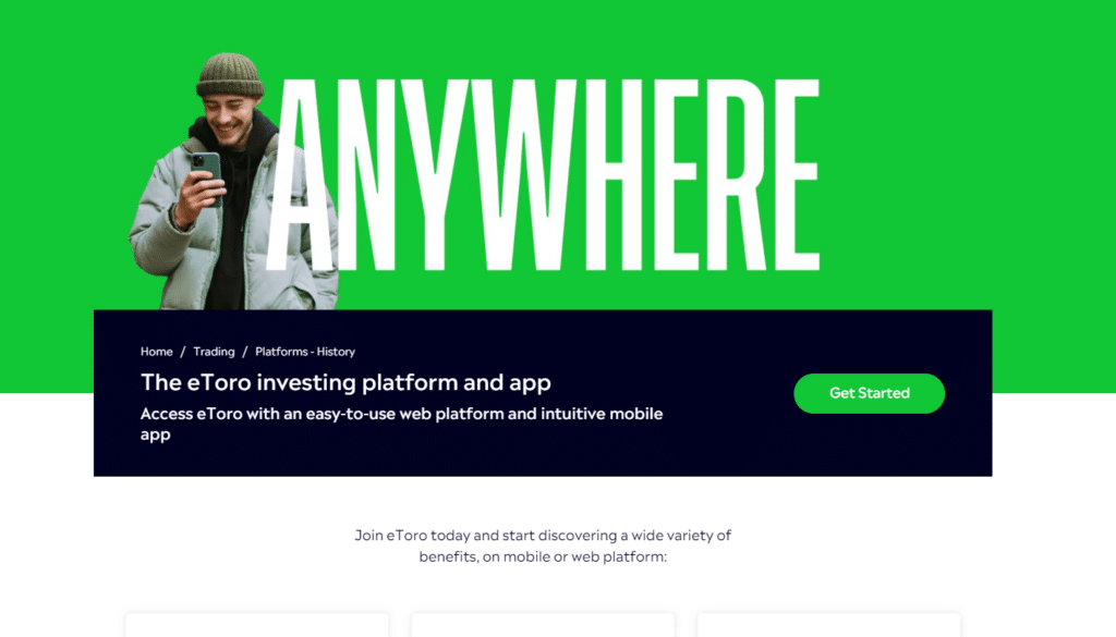 eToro's investing platform and app featuring a happy user on green background promoting mobile and web trading.