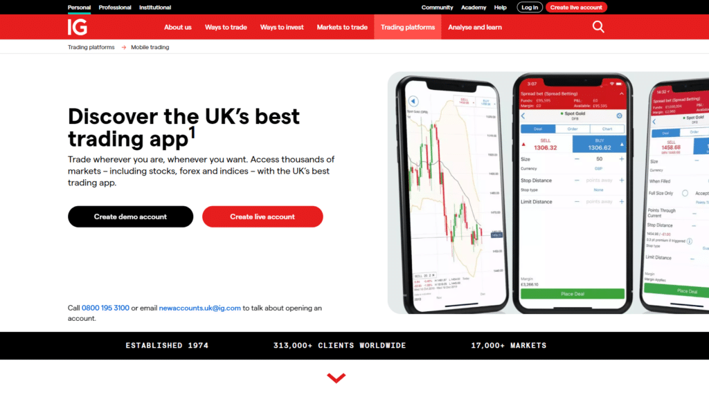 IG's UK trading app advertisement with mobile screens displaying stock, forex, and indices market data.