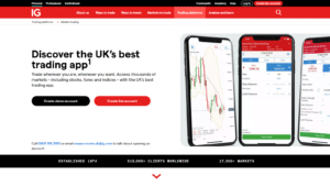 Best Trading 212 Alternatives 12 IG's UK trading app advertisement with mobile screens displaying stock, forex, and indices market data.