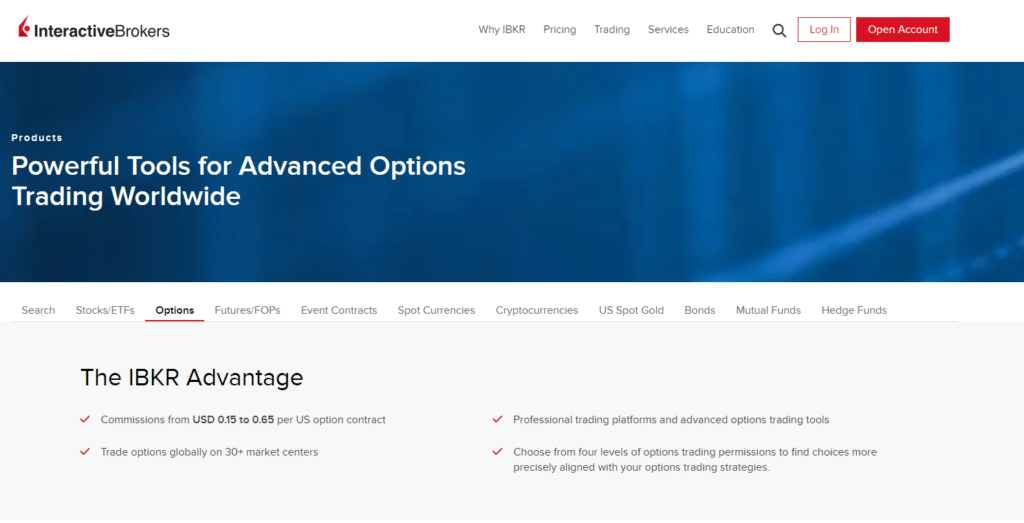 Interactive Brokers advanced options trading tools with commission details and global market access.