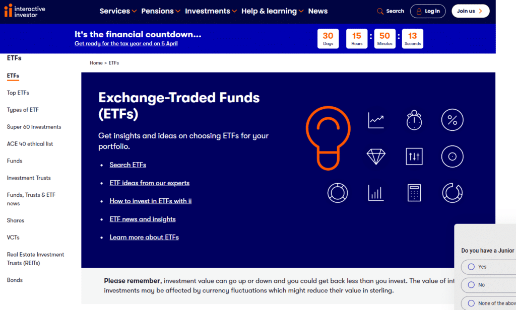 Interactive Investor's ETF section screenshot showcasing their comprehensive ETF investment platform with expert analysis, ratings, and customizable watchlists for savvy investors.