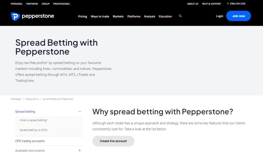 Pepperstone homepage showcasing spread betting options with emphasis on tax-free profits and various trading platforms like MT4, MT5, cTrader, and TradingView.