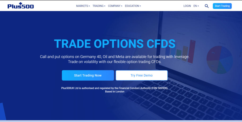 Plus500 trading platform interface showcasing options CFDs trading with start trading and free demo buttons.