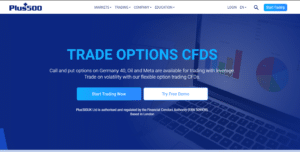 Plus500 trading platform interface showcasing options CFDs trading with start trading and free demo buttons.