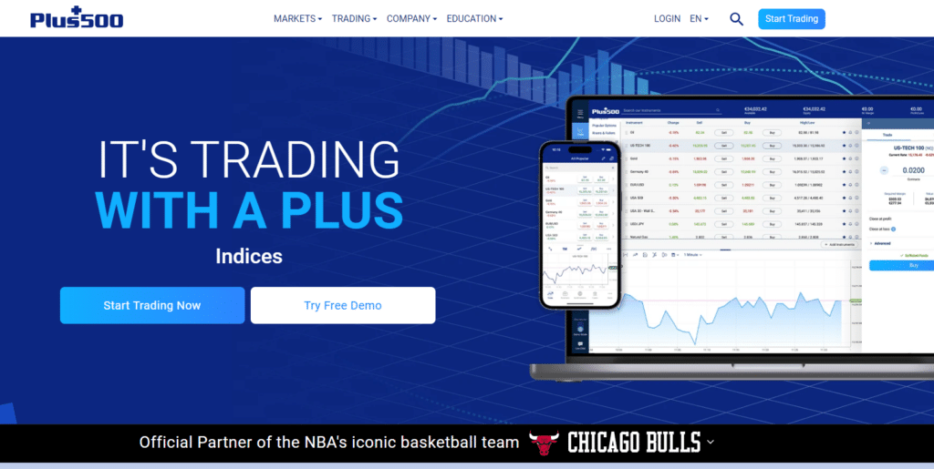 Plus500 mobile app interface featuring indices trading with Chicago Bulls partnership logo.
