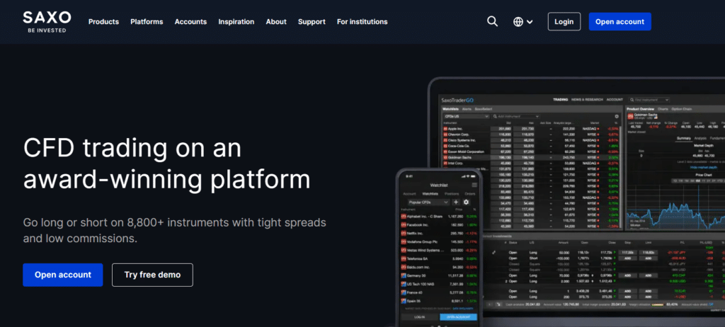 Screenshot of Saxo Bank's CFD trading platform SaxoTraderGO showcasing its functionality, with a display of the trading interface including watchlists, asset prices, and market charts for a variety of instruments.