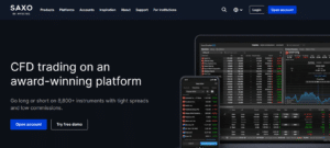 Screenshot of Saxo Bank's CFD trading platform SaxoTraderGO showcasing its functionality, with a display of the trading interface including watchlists, asset prices, and market charts for a variety of instruments.