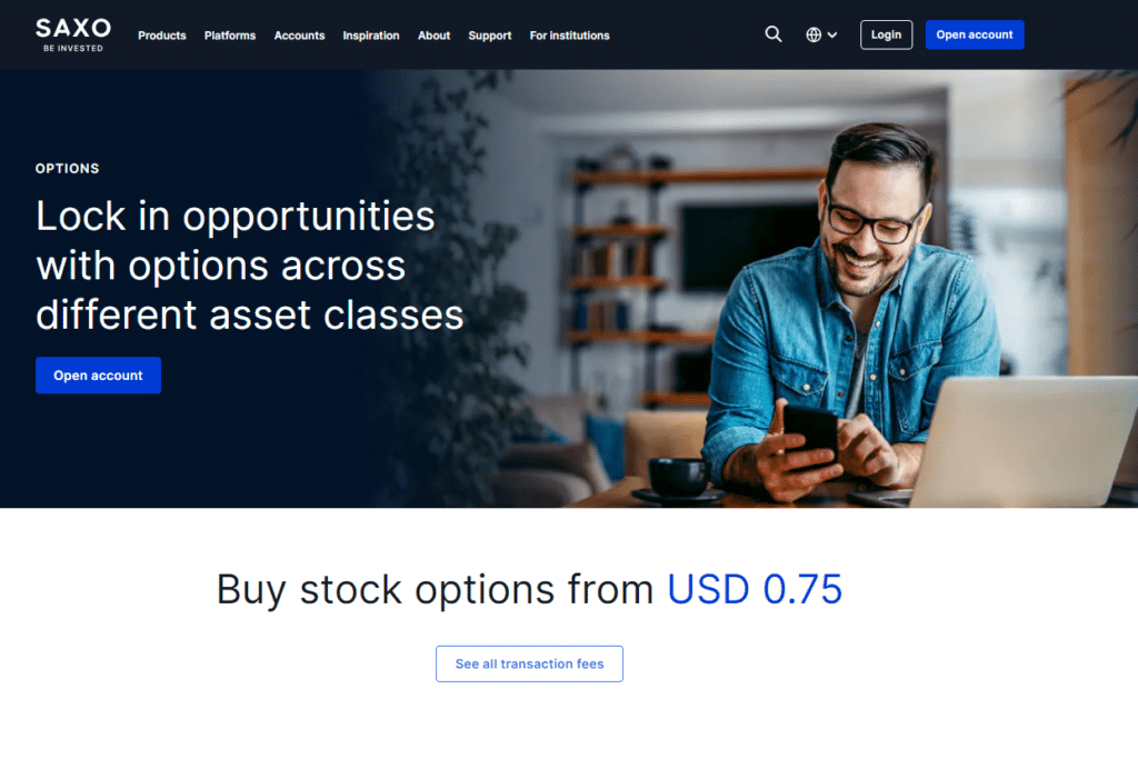 Saxo options trading platform screen showing low-cost stock options purchasing information
