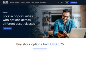 Saxo options trading platform screen showing low-cost stock options purchasing information