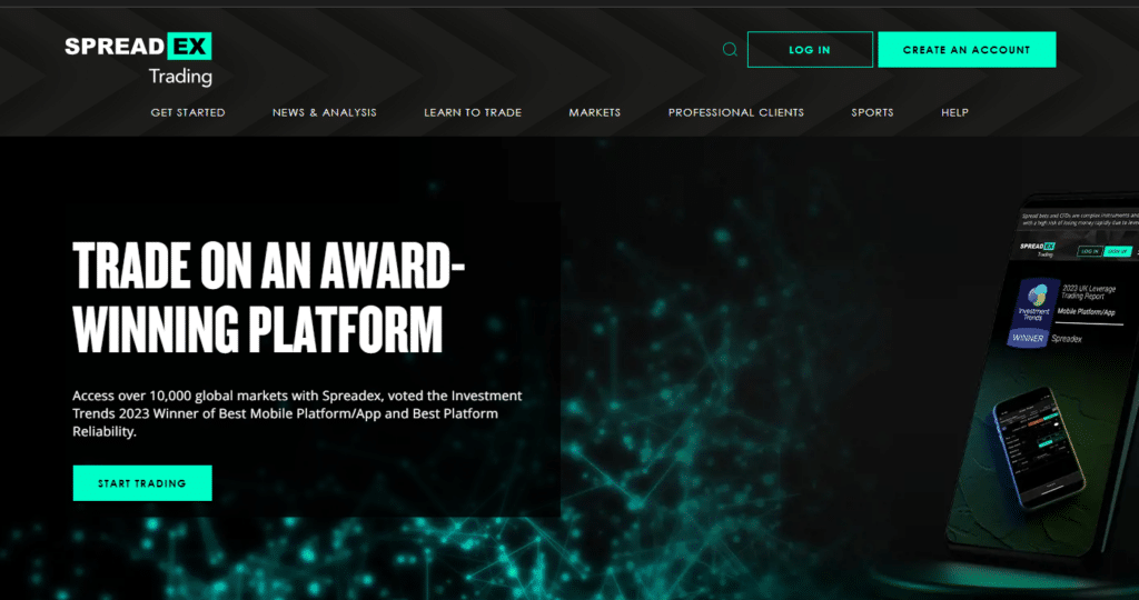 Spreadex trading platform page showing award-winning mobile platform availability and access to global markets.