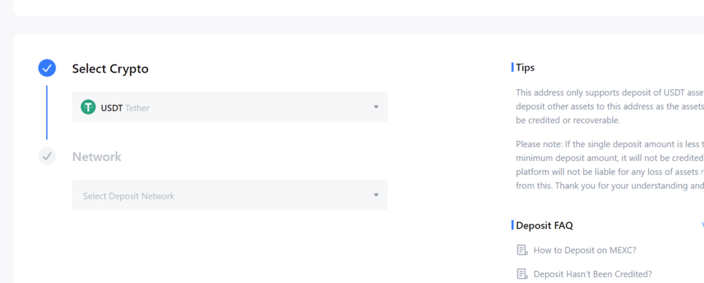 Screenshot of the deposit page with the different payment methods highlighted.