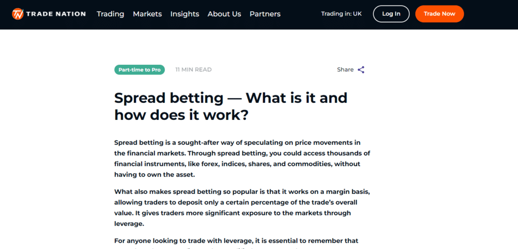 Trade Nation’s educational page on spread betting, explaining the fundamentals and workings of spread betting in financial markets