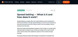 Trade Nation’s educational page on spread betting, explaining the fundamentals and workings of spread betting in financial markets