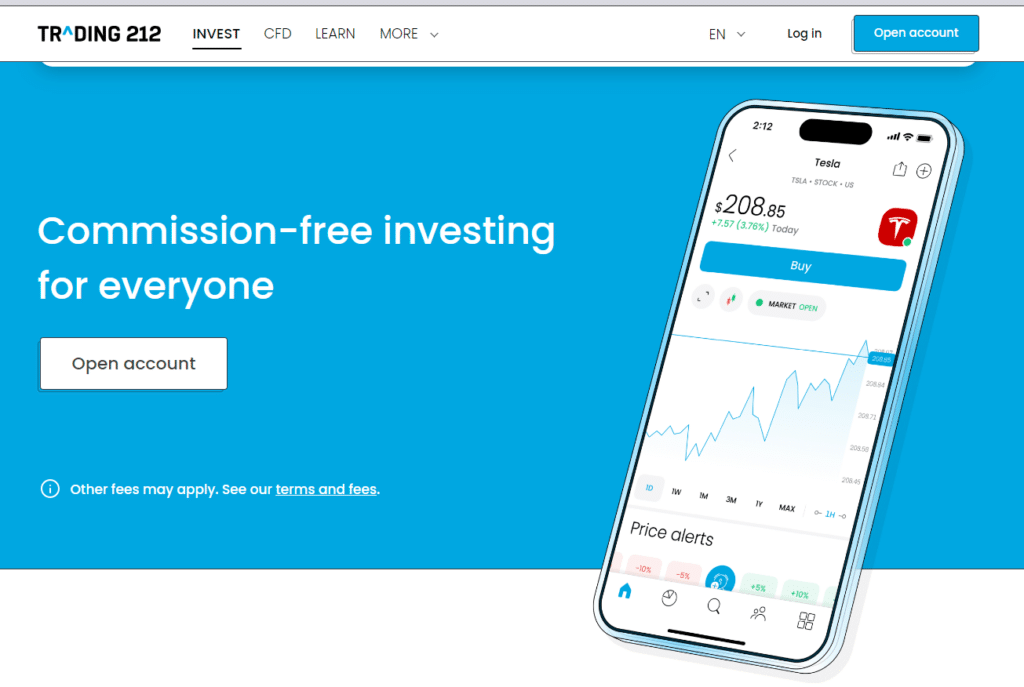 Homepage of Trading 212 showcasing their mobile app interface with a slogan promoting commission-free investing for everyone.