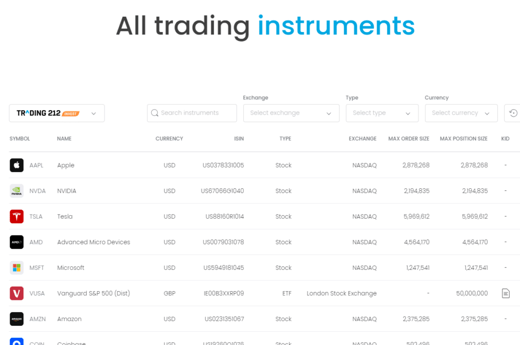 Detailed view of available trading instruments on Trading 212, listing stocks like Apple, Tesla, and Amazon with corresponding stock exchange information.