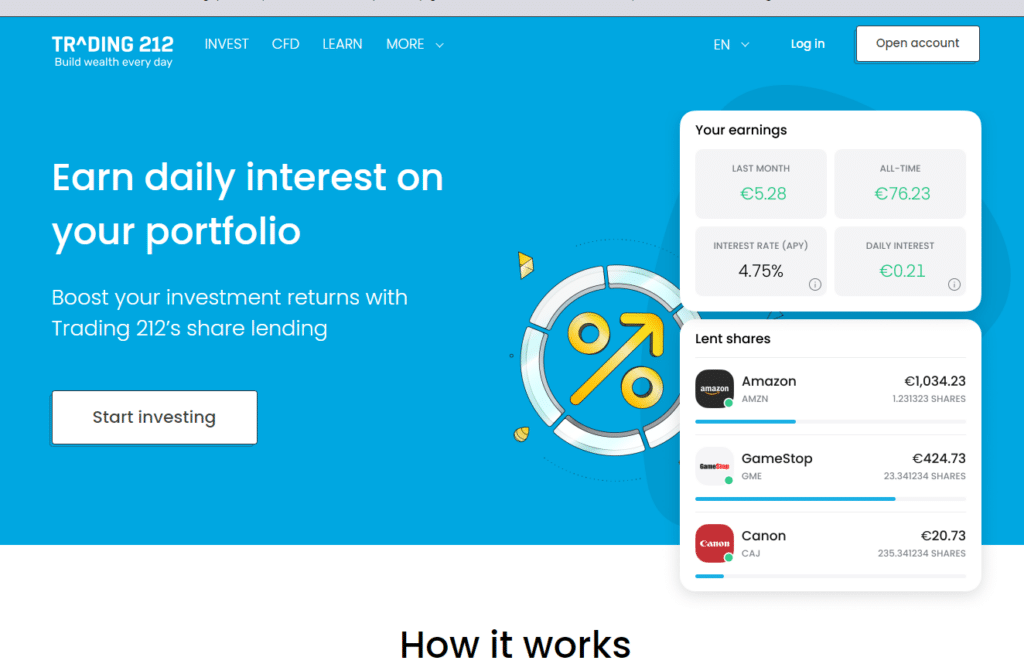 Feature page for Trading 212's share lending program, explaining how users can earn daily interest on their portfolio by lending shares.
