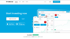Trading 212 investment platform on a mobile device screen showcasing stock performance graphs with a Trustpilot rating