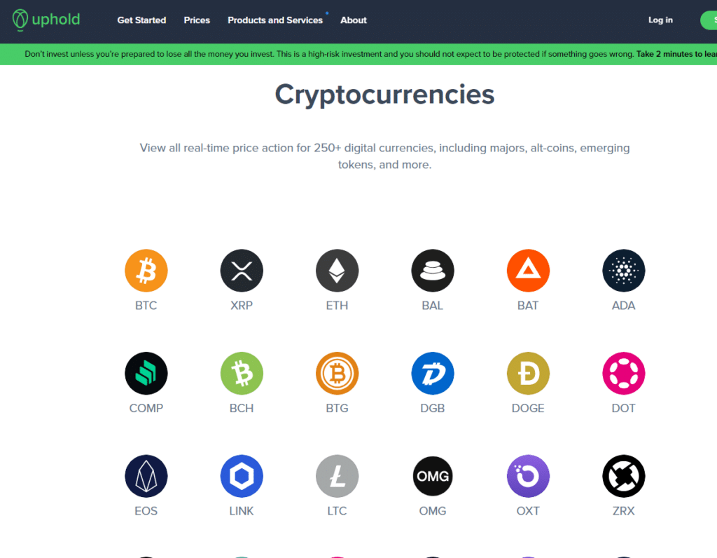 Overview of diverse cryptocurrency and traditional assets available on Uphold