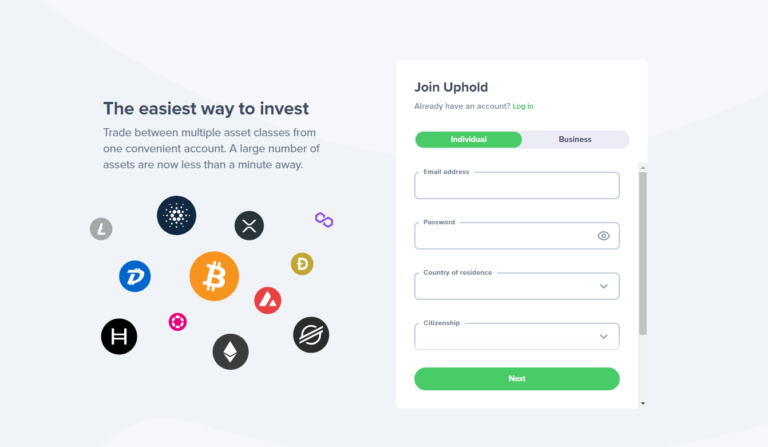 Step-by-step sign-up process highlighted in Uphold's user registration screen