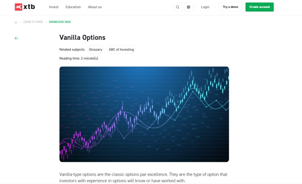 XTB platform knowledge base highlighting vanilla options trading expertise.