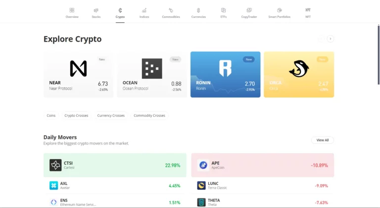 eToro website screenshot showcasing cryptocurrency selections like NEAR, OCEAN, RONIN, and ORCA, along with their current prices and daily performance, arranged in a clean and informative interface.