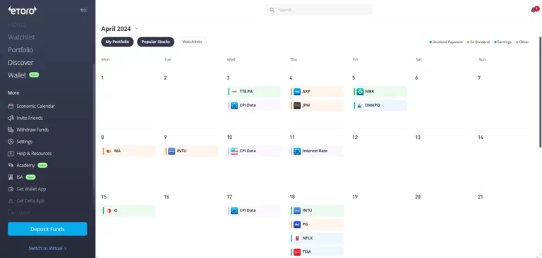 Calendar view on a trading app highlighting key financial events and earnings for various stocks.