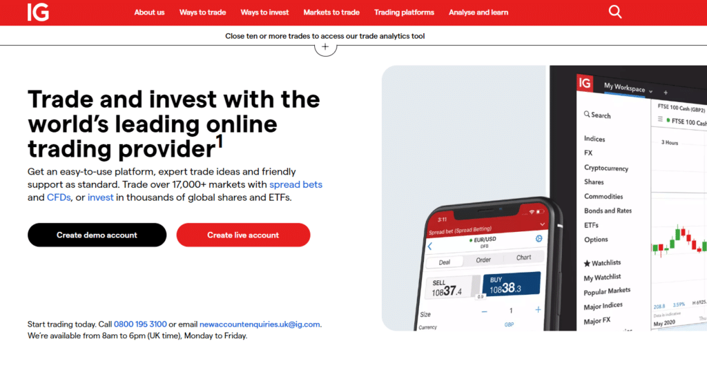 IG trading platform's web page, advertising trade and investment services with a dynamic chart on a smartphone screen, highlighting their spread betting feature.