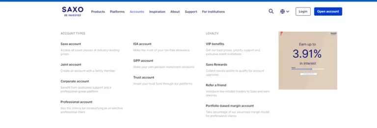 Overview of Saxo bank account types including ISA and loyalty programs like VIP benefits