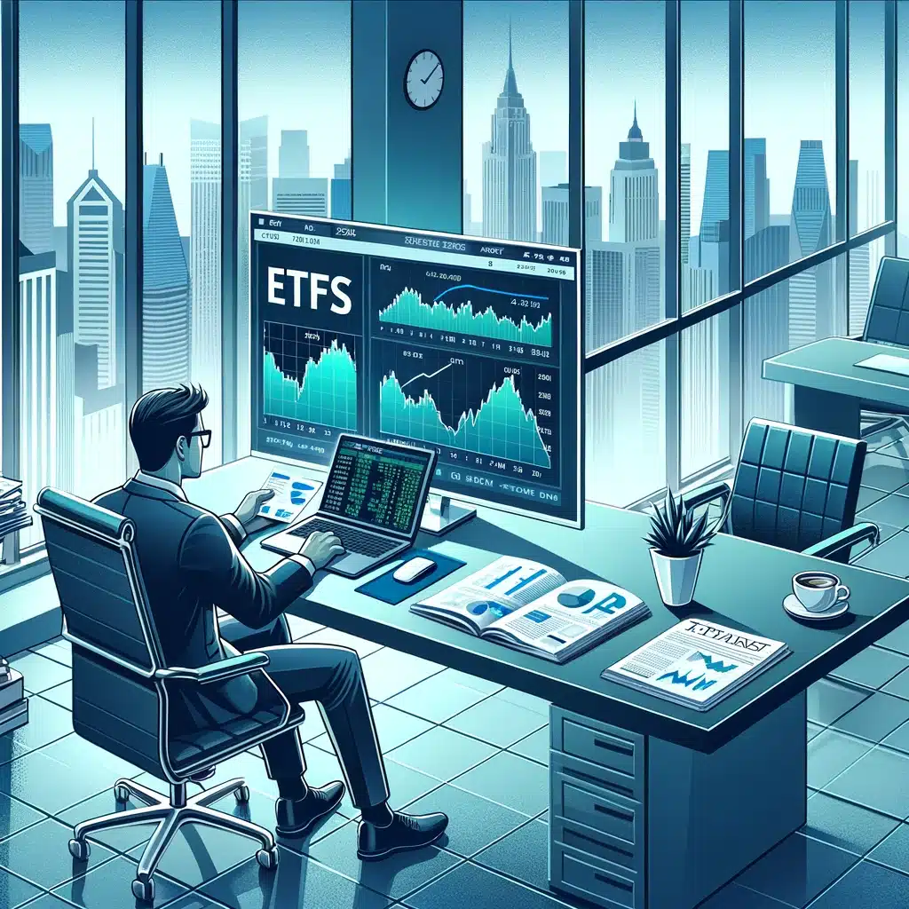 Investors sitting at desk analysing investment opportunities by using ETFs