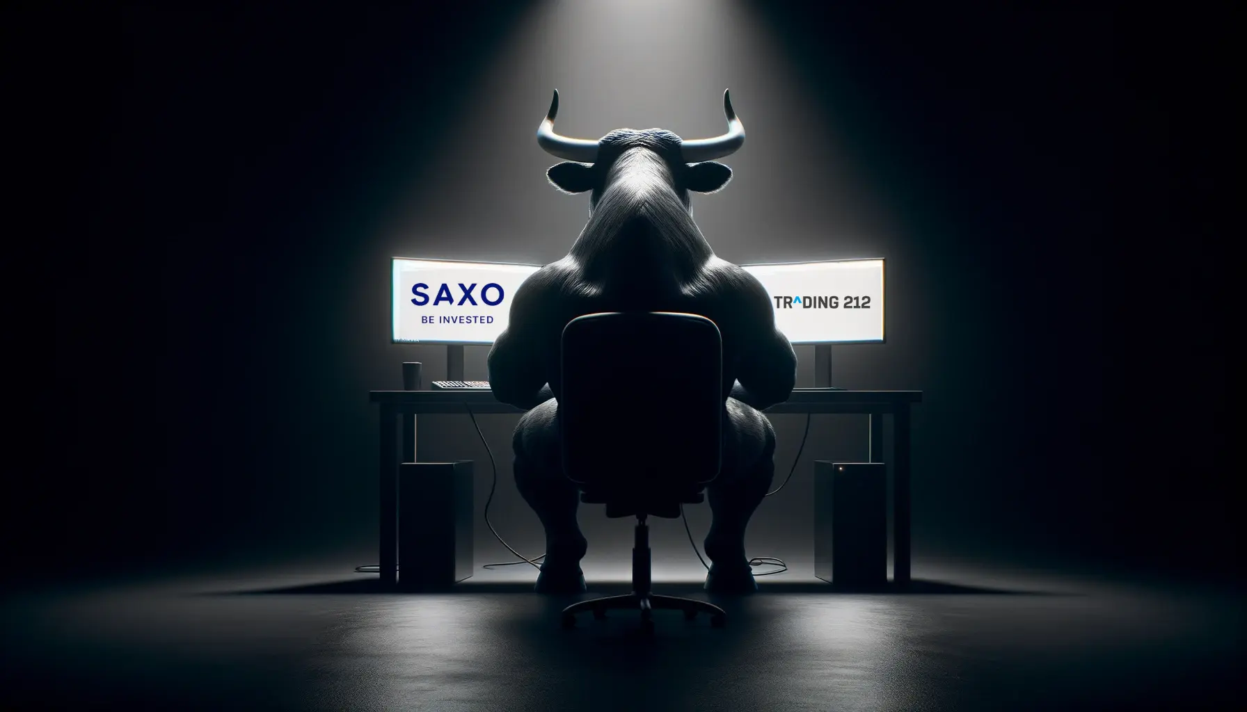 Bull silhouette at a trading desk with monitors, reviewing both trading 212 and saxo platforms