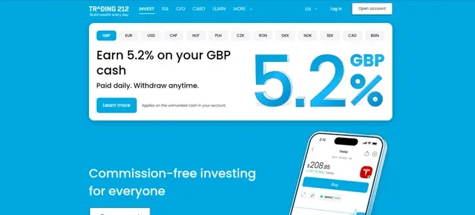 Trading 212 promo highlighting 5.2% interest rate on GBP cash for commission-free investing