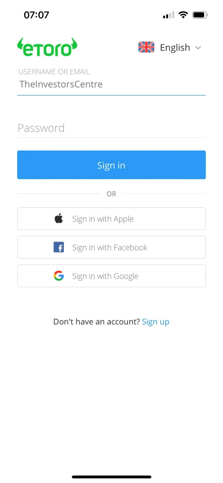 Login interface of a etoro app displaying options for email and social sign-in.