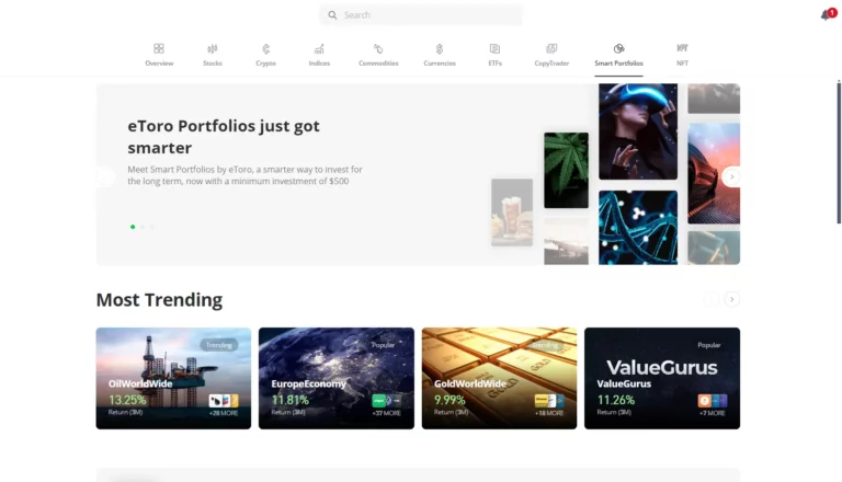 Advertisement for eToro Portfolios featuring smart investing solutions with images of innovative technologies.