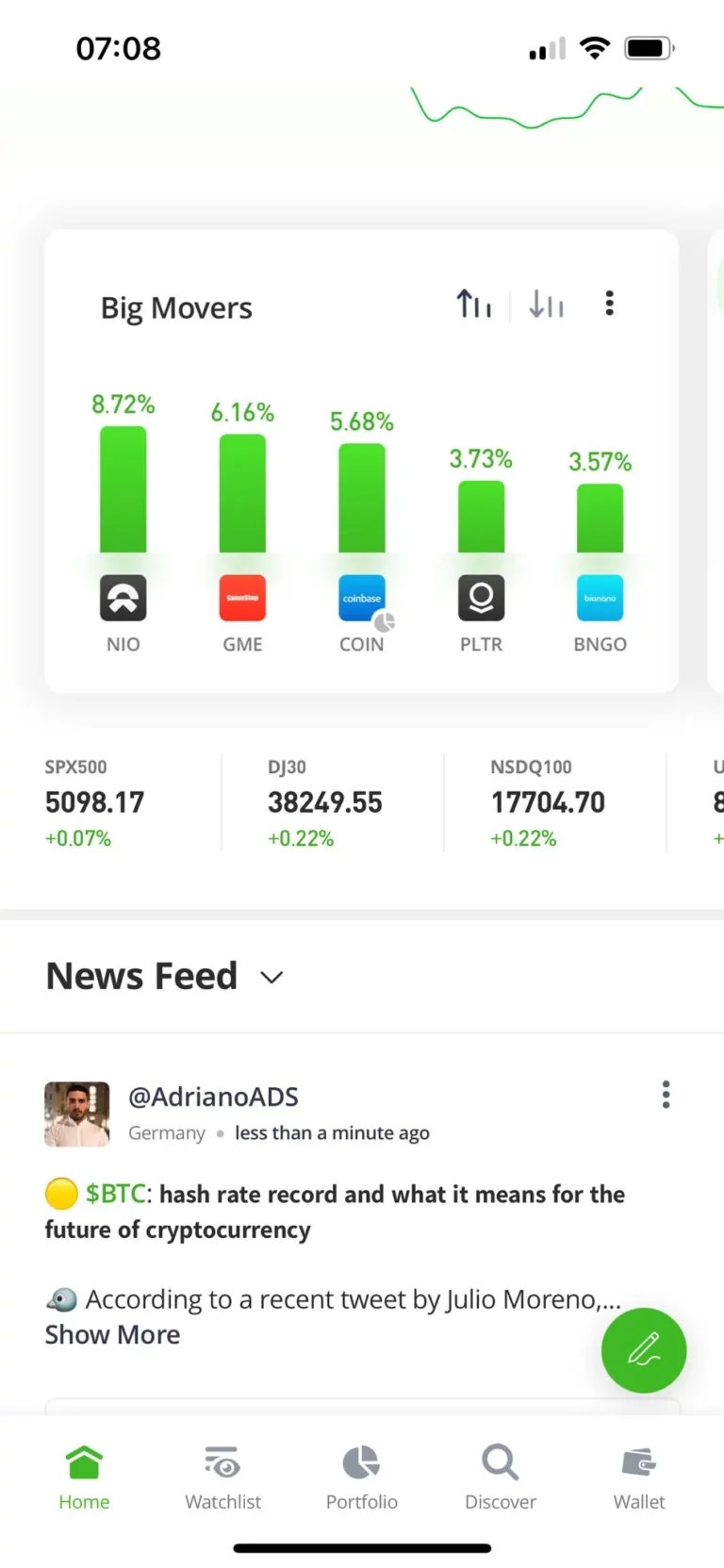 etoro screen showing stock market big movers and a news feed for the latest updates.