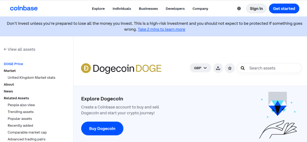 Screenshot of Dogecoin trading page on Coinbase with current price in GBP, highlighting the 'Buy Dogecoin' button and risk warning.