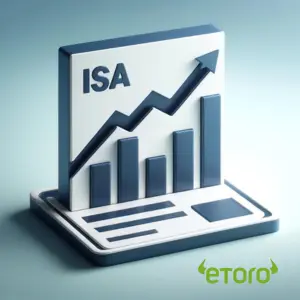 3D illustration of an eToro Stocks and Shares ISA on a laptop screen, showing growth chart for tax-efficient investing.