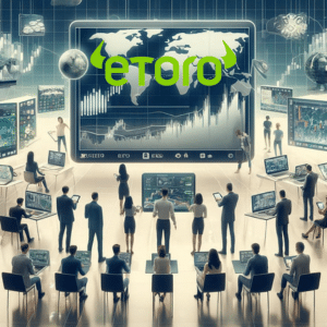 Professionals in a high-tech trading room analysing live data and statistics for 'Copy Trading on eToro' service.