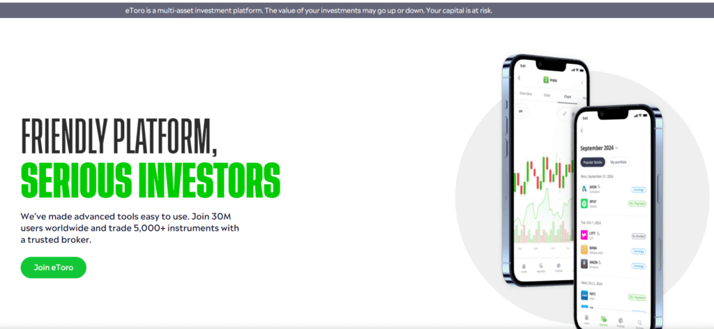 eToro's social trading platform webpage, with a clean design showcasing a mobile app for community-driven investments and trading.
