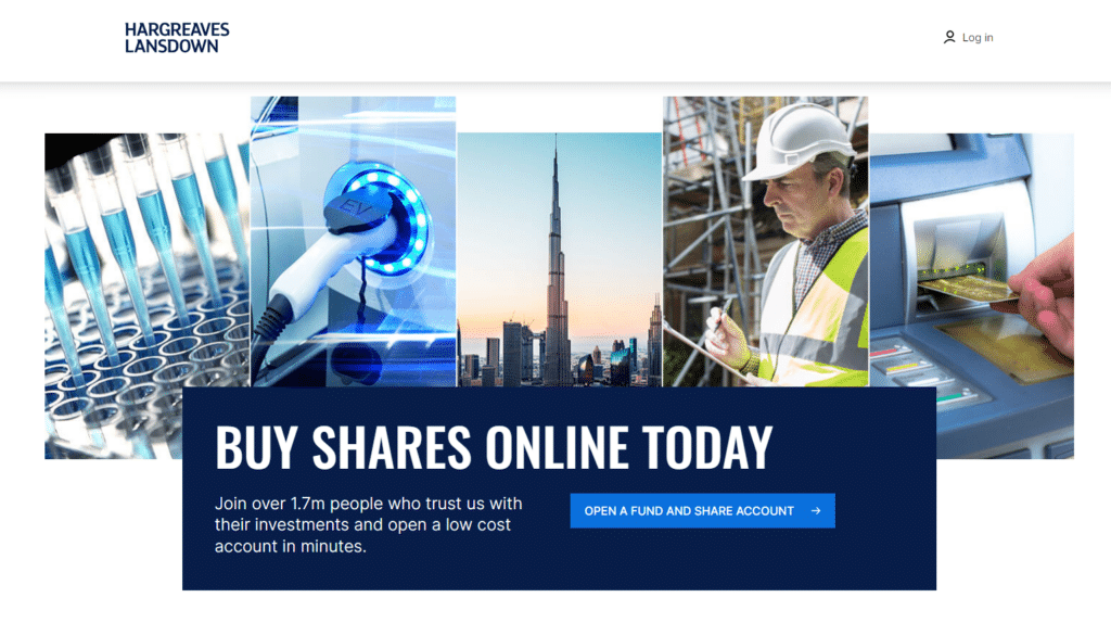 Hargreaves Lansdown's online service for buying shares, highlighted by diverse imagery including healthcare, energy, and construction sectors.