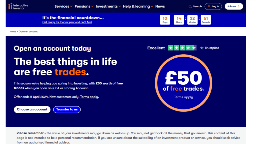 Interactive Investor's promotional page, offering £50 of free trades, with an eye-catching orange circle and Trustpilot rating for credibility