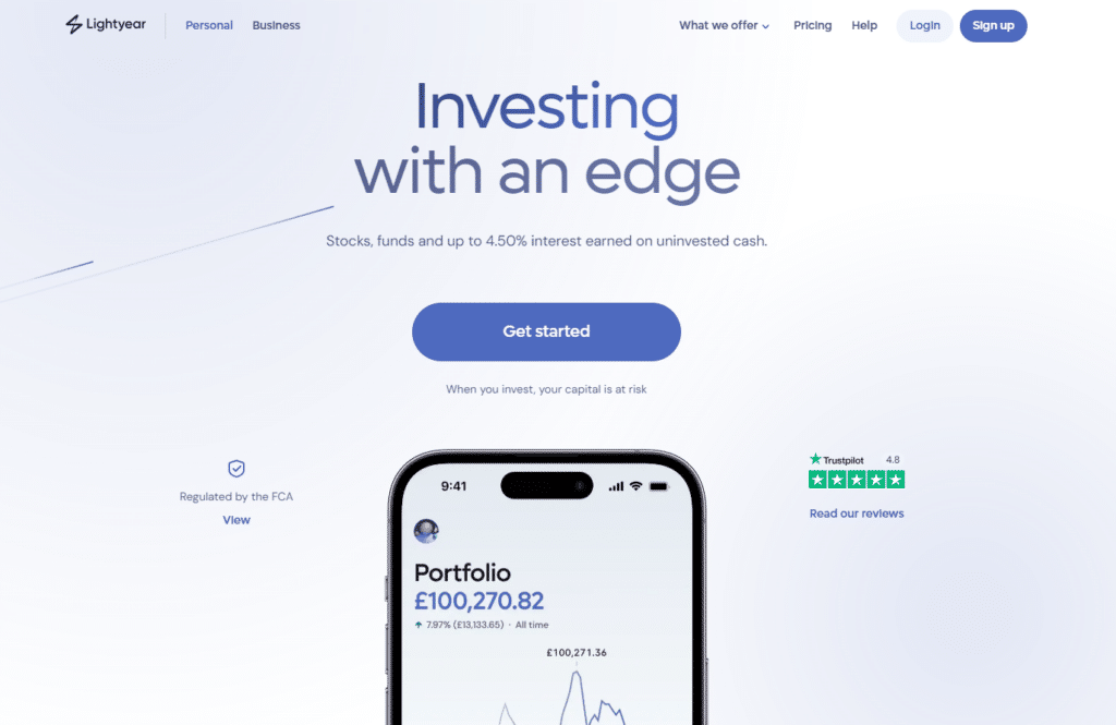 Lightyear online investment platform's landing page, promoting stocks and funds with a visual of an iPhone app displaying a growing investment portfolio value.