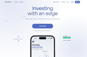 Lightyear online investment platform's landing page, promoting stocks and funds with a visual of an iPhone app displaying a growing investment portfolio value.
