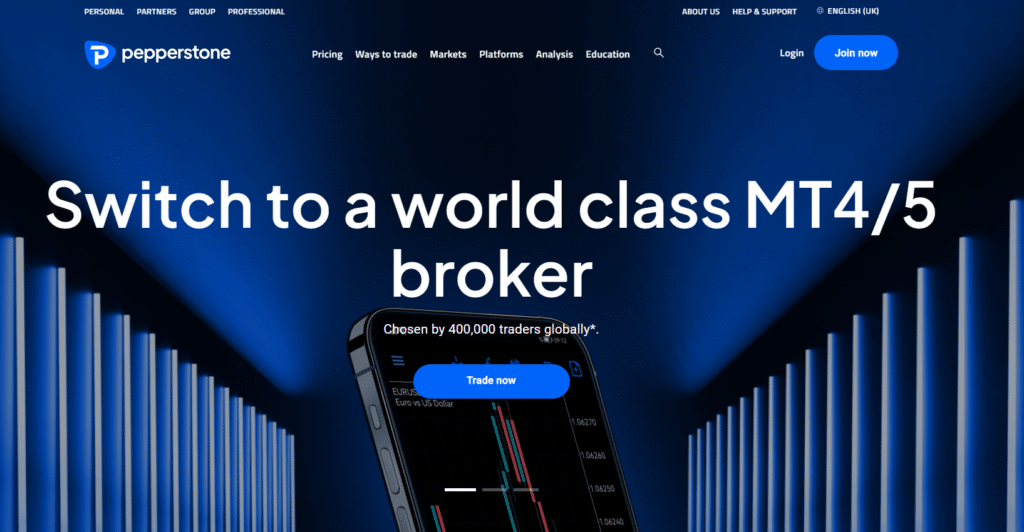 Pepperstone's broker service homepage, inviting users to switch to their MT4/5 platform, accompanied by an image of a smartphone with trading charts.