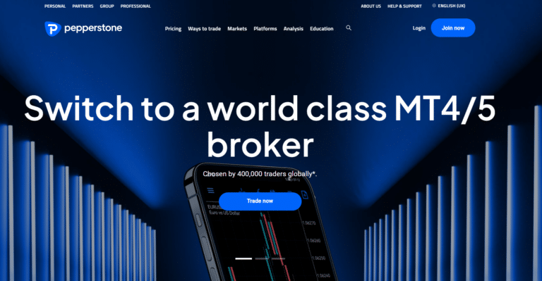Lowest Spread Forex Brokers 22 Pepperstone's broker service homepage, inviting users to switch to their MT4/5 platform, accompanied by an image of a smartphone with trading charts.