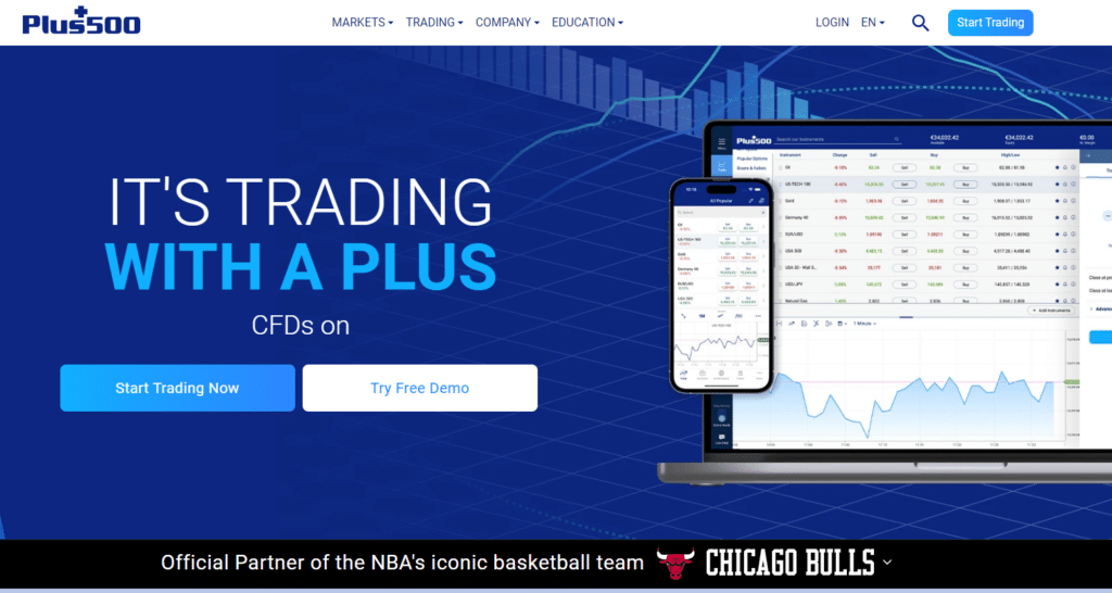 Plus500's trading platform page, featuring CFD trading, with a partnership badge from the Chicago Bulls, and a smartphone showing an intuitive trading interface.
