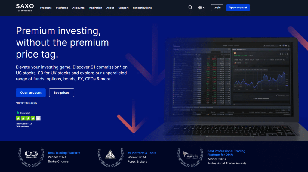 Saxo trading website page emphasizing premium investing at affordable prices, with a detailed laptop screen showing financial trading charts and data.