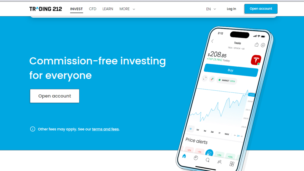 Homepage of Trading 212 showcasing commission-free investing, with an illustrative smartphone displaying Tesla stock prices on a user-friendly app interface.