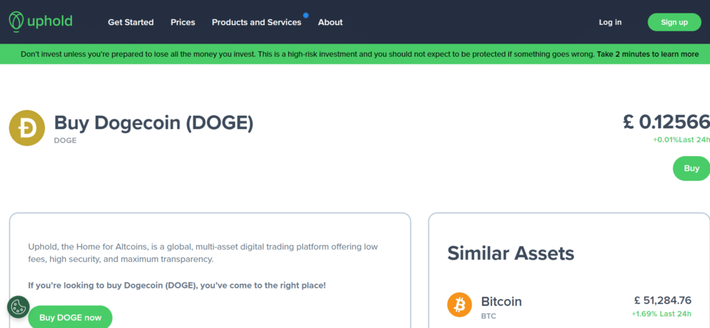 Uphold platform interface showing Dogecoin with price in British Pounds, buy button, and comparison with similar assets like Bitcoin.