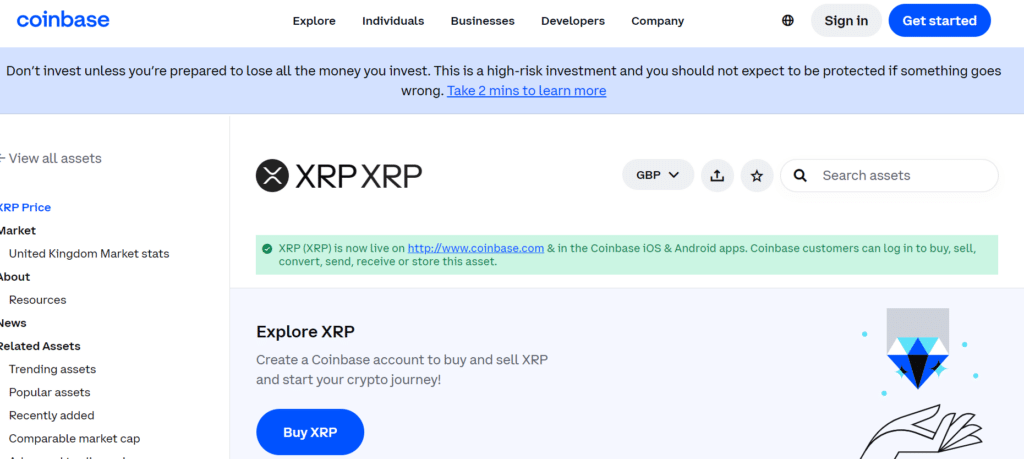 Coinbase platform's XRP asset page featuring current Ripple price in GBP, market stats, and option to buy XRP in the UK