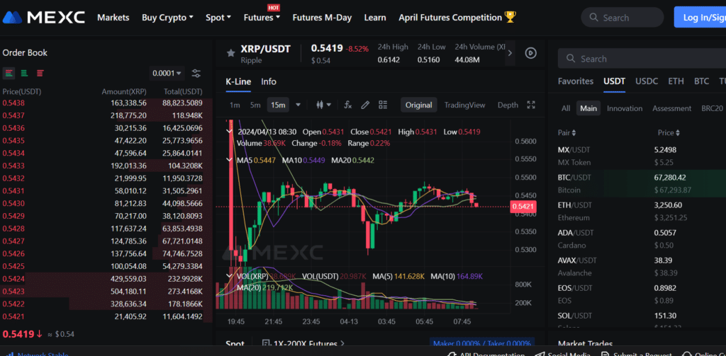 MEXC exchange trading screen showing XRP/USDT price chart and order book with recent market fluctuations and trade volume data.